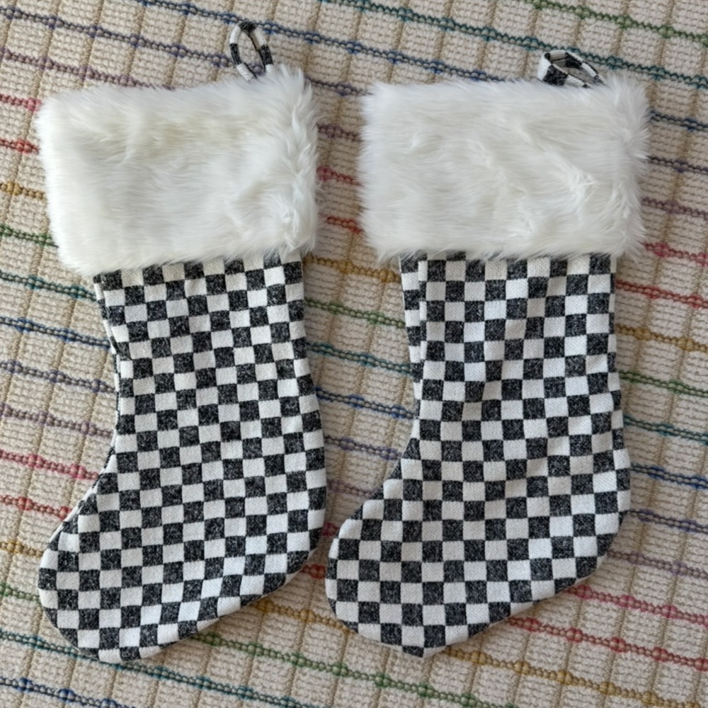 Christmas check print stockings and tree skirt